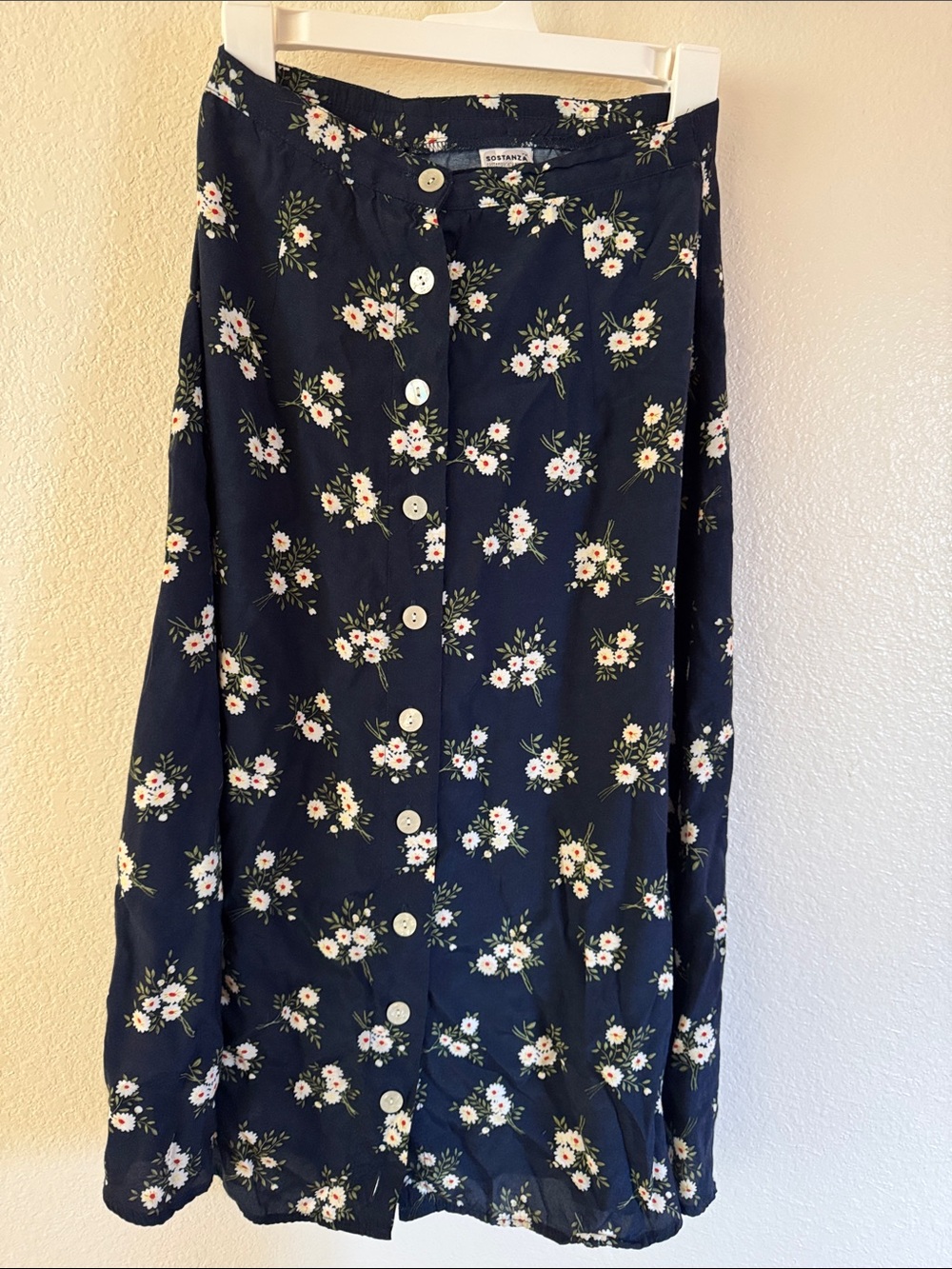 Navy Floral Button-Front Midi Skirt